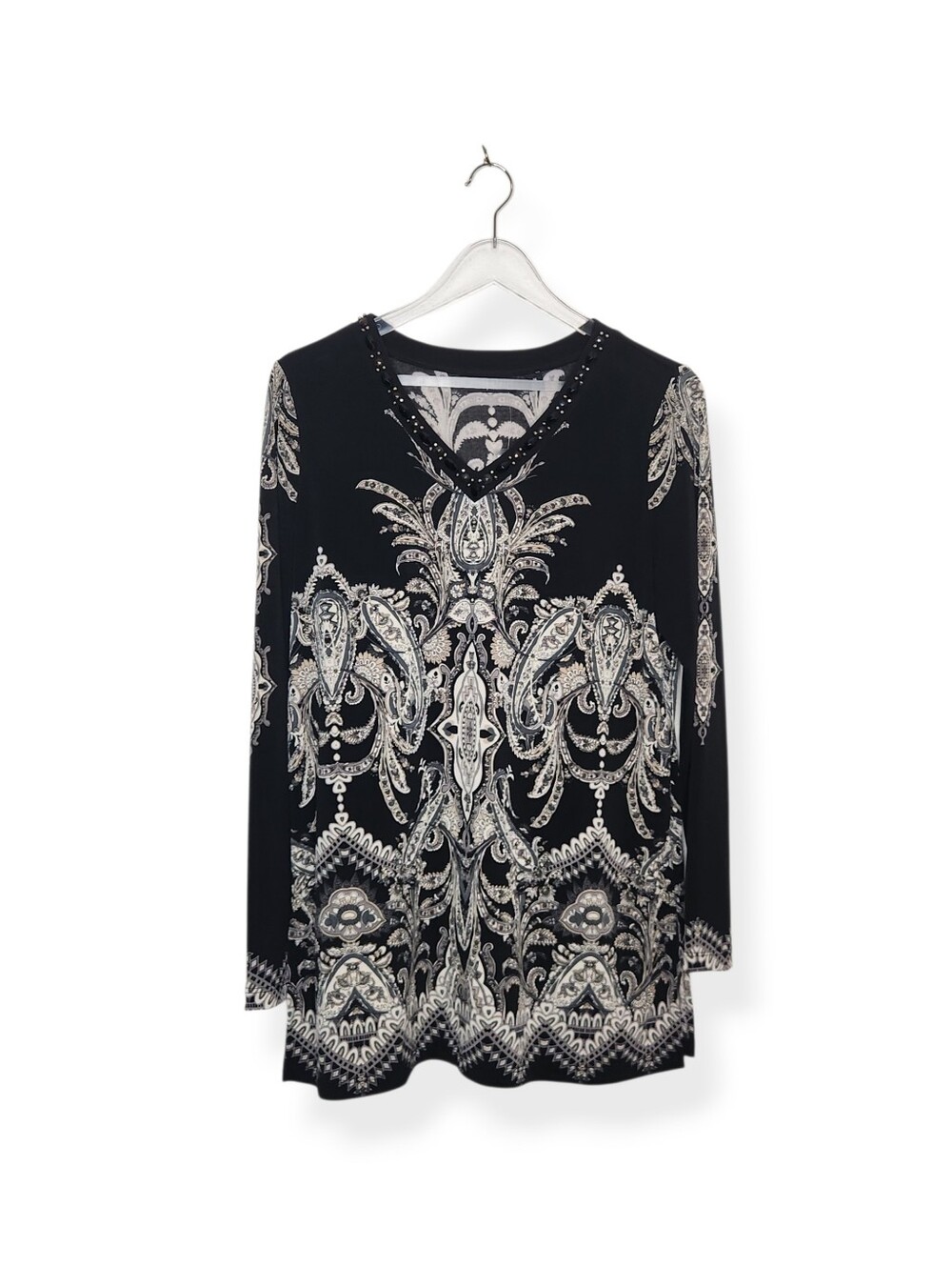 NWT Susan Graver Women's Black and White Embellished 3/4 Sleeve Tunic Top Medium
